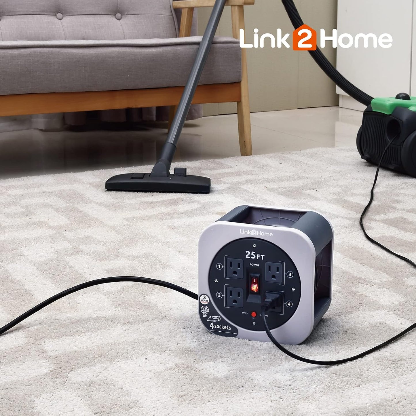 Link2Home 25 Ft. Extension Cord Storage Reel, 4 Grounded Outlets | 16/3 cable, overload reset button, compact design for garage or workshop