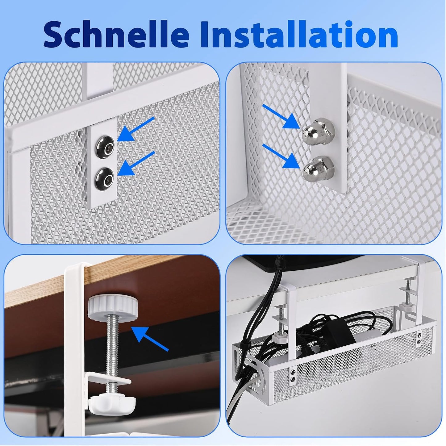 Under Desk Cable Management Tray Small – Clamp-Mounted Wire Organizer & Cord Management Under Desk Holder, No-Drill Metal Cable Tray for Home Office (White)