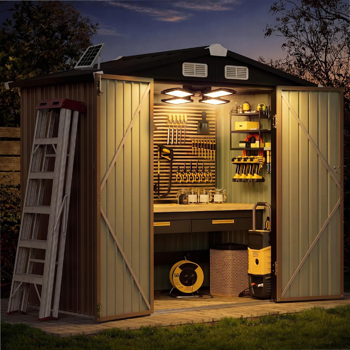aoxun 6'x4' outdoor storage shed with solar motion, main product view