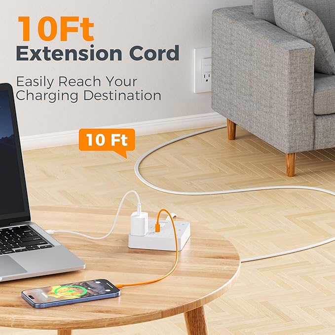 1700J Surge Protector Power Strip, TESSAN 10Ft Extension Cord - Image 7