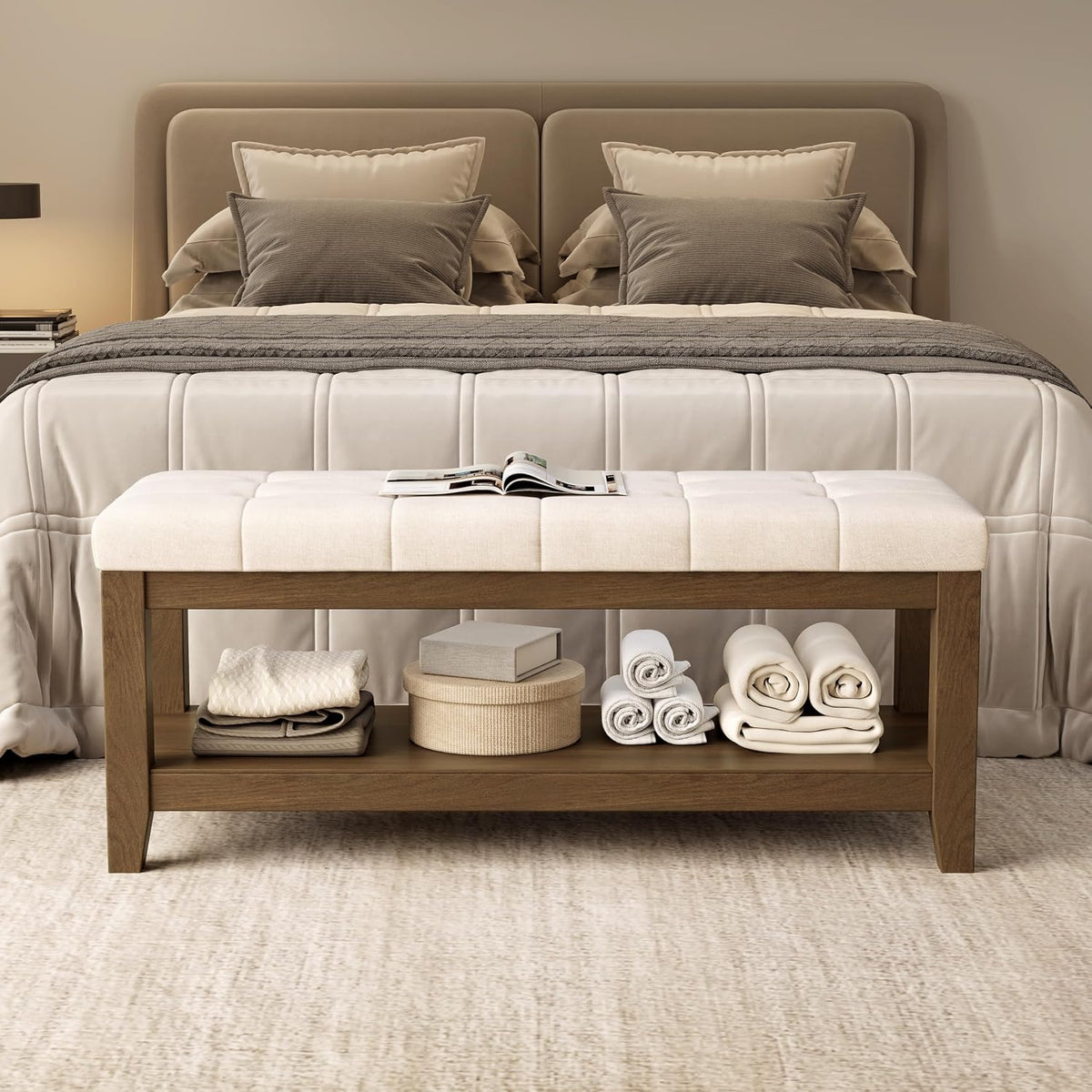 abheng solid rubber wood shoe bench, soft chenille, main product view