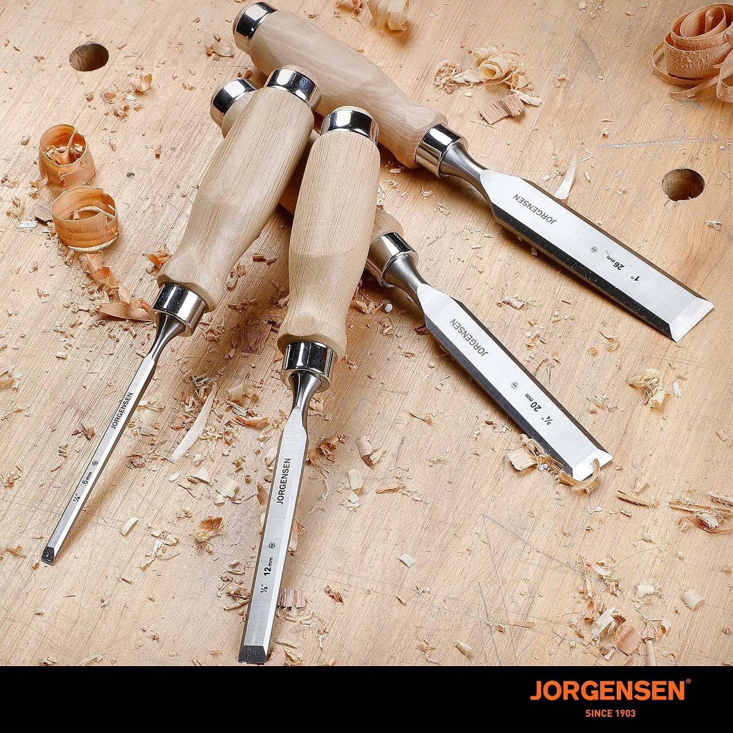 Jorgensen 4-Piece Wood Chisel Set, Chromium Alloy Steel Beveled Edge Wood Chisels, Wood Chisels for Woodworking, Ergonomic Hardwood Handle with Metal Ferrule, 1/4", 1/2", 3/4", 1"