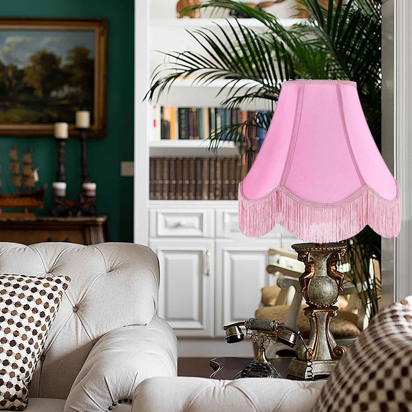 GO&SO Lamp Shades 1PC,6" x 13" x 10.6",Pink Fringe Scalloped Lamp Shade | Hand Crafted,Silk Fabric,Victorian Lamp Shade,Spider Fitter,Bell Lamp Shades for Table Lamps,Easy Assembly