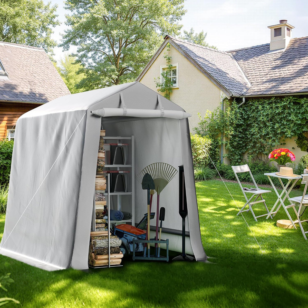 shintenchi 6x6 ft outdoor storage shed, gray on a desk or shelf