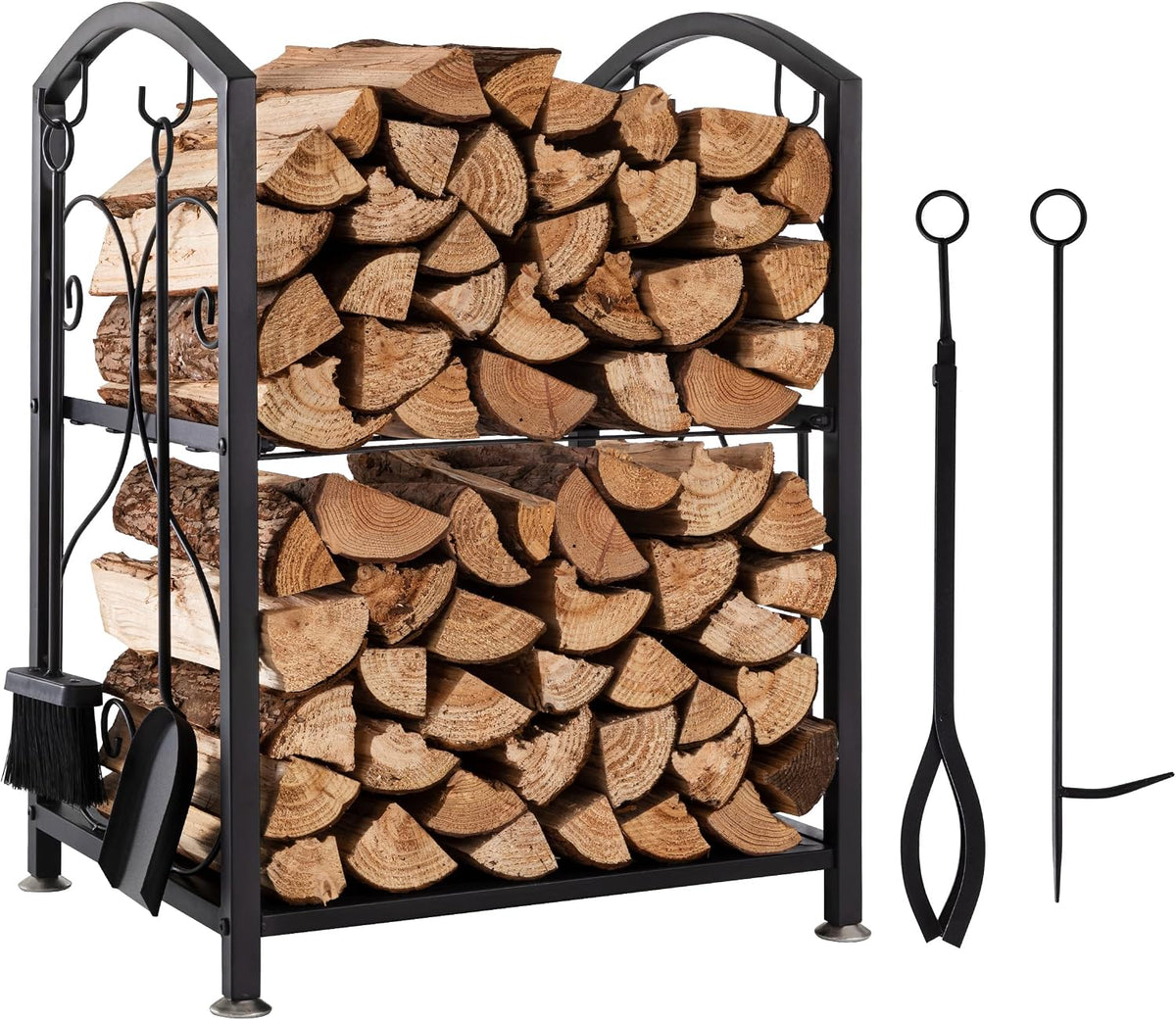 sunolga firewood rack indoor, 5-piece fireplace tools set, main product view