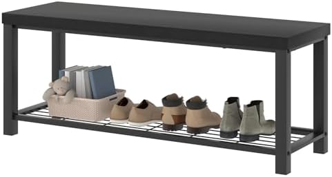 excefur entryway bench, modern wood and metal storage, front angle view