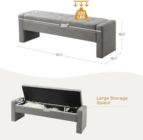 55" modern upholstered storage bench with tufted seat shown in use