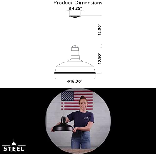 12" Stem Barn Light Pendant 16" Dome | Garage Workshop | Matte Black
