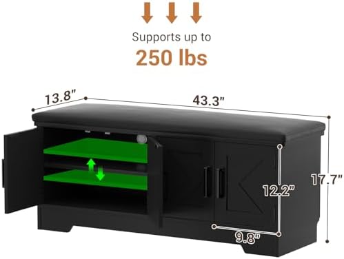 armocity 43.3" farmhouse shoe storage bench with cushion, close-up detail