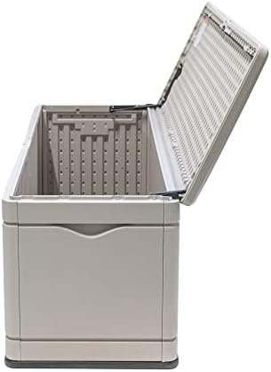 lifetime 60040 deck box, 130 gallon, desert sand showing dimensions