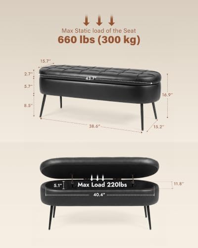 storage ottoman bench, 43.7" pu leather end of, close-up detail