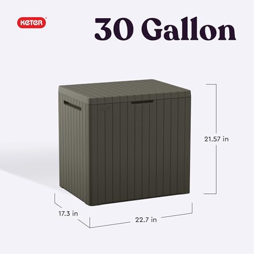 keter city 30 gal outdoor storage box and shown in use