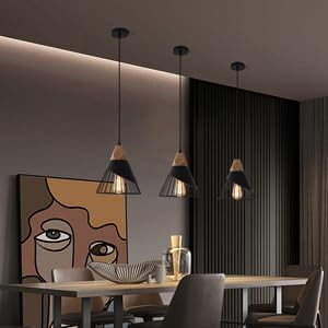 2 Pack Modern Farmhouse Pendant Light,Wood Top Black Slanted Metal Wire Cage Hanging Light Fixture,Adjustable E26 Pendant Lighting for Kitchen Island,Dining Table,Entryway Indoor Home Decor