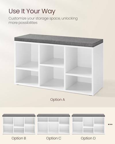 vasagle shoe bench with cushion, 6 compartments, 3 showing dimensions