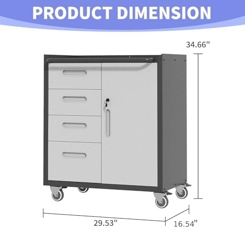 metal garage storage cabinet on wheels, lockable rolling, close-up detail