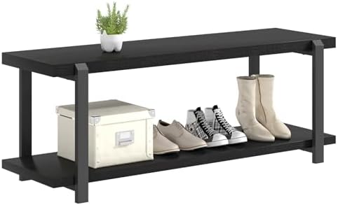 excefur entryway bench, modern wood and metal storage, front angle view
