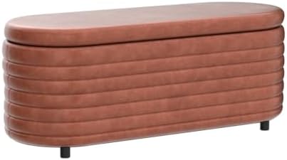 45.5" modern storage ottoman bench, brown leather, side view