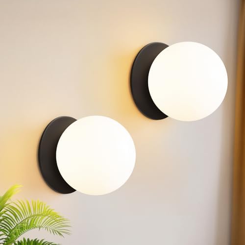 2 Pack Modern Matte Black Wall Light Fixtures, Mid-Century Globe Glass Wall Sconces Set of Two for Bathroom Mirror, Living Room, Hallway, Entryway (Bulbs Not Included)