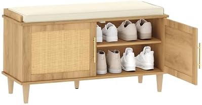 akxomel 39.4" rattan shoe storage bench 2 doors, front angle view