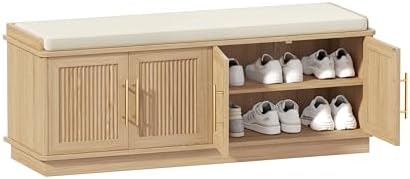 akxomel 47.2" fluted shoe storage bench 4 doors, front angle view