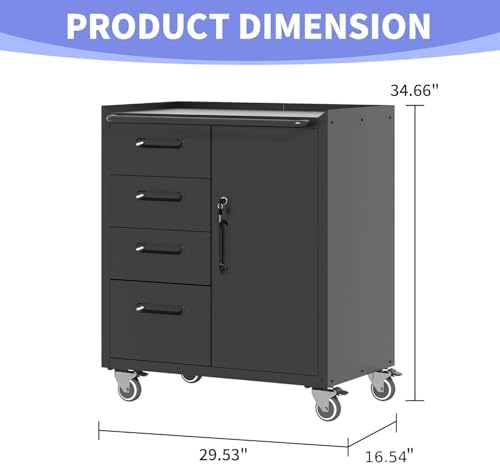 metal garage storage cabinet on wheels, lockable rolling, close-up detail