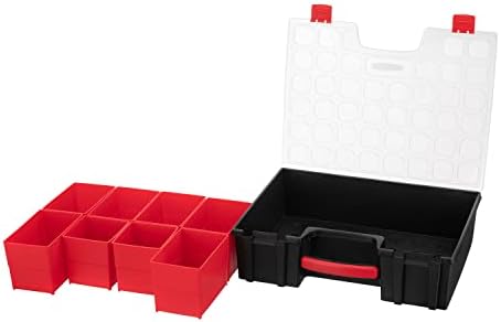 intertool hardware organizer with 8 deep removable bins showing dimensions