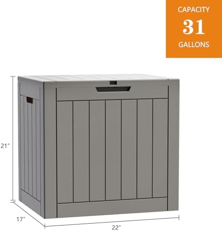 31 gallon waterproof storage deck box with lockable, front angle view