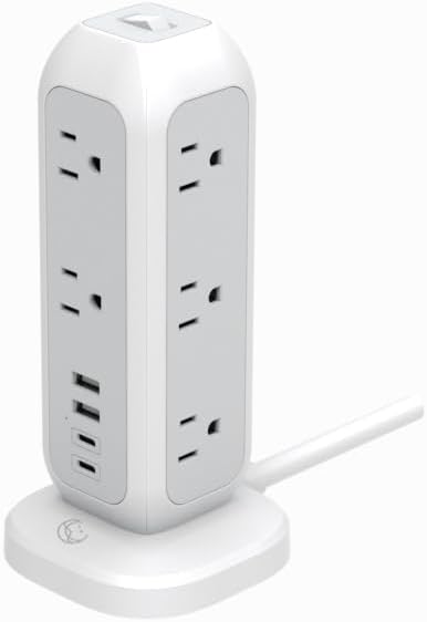 Power Strip Tower with Surge Protector – 11 AC Outlets, 4 USB Ports, 6ft by WhiteLunar