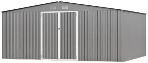 12 ft outdoor storage shed, heavy-duty galvanized steel, front angle view