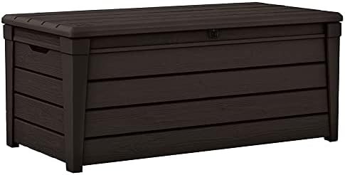 keter brightwood outdoor storage deck box, 120 gallon shown in use