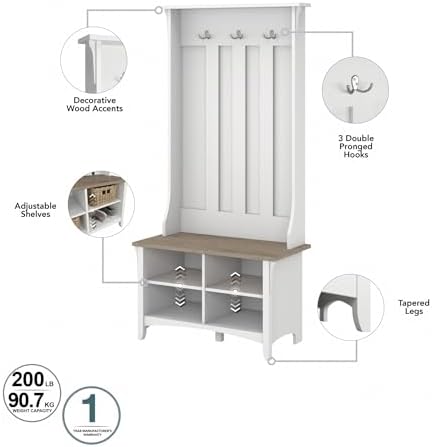 bush home salinas hall tree with shoe storage showing dimensions
