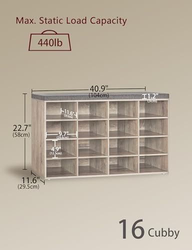 dinzi lvj shoe storage bench with cushion, 16-cubby, close-up detail
