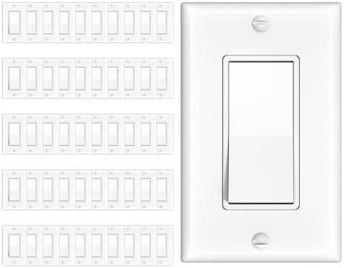 Amico Single Pole Light Switches with Wall Plates | UL Listed 120/277V On/Off Rocker Paddle Interrupter, Grounding Screw, Residential Grade, for Home and Business, White