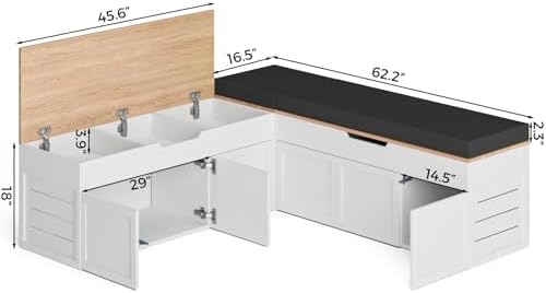 l-shaped corner storage bench with cushion, backless wood shown in use