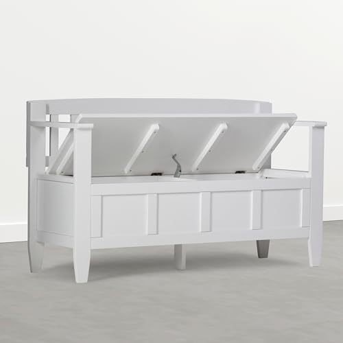 simplihome brooklyn 48" solid wood storage bench in showing dimensions