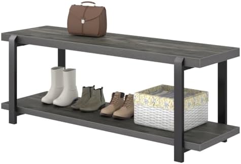 excefur industrial entryway bench with storage, rustic wood, view 9