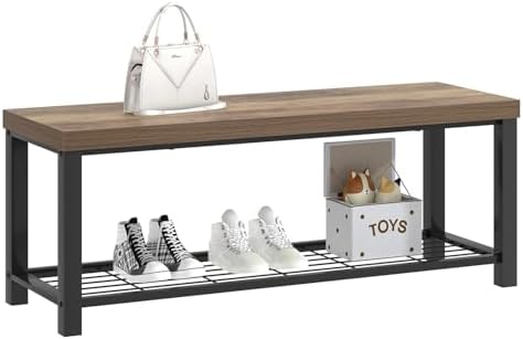 foluban entryway bench, industrial wood and metal storage, front angle view