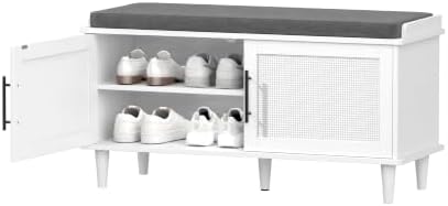 akxomel 39.4" rattan shoe storage bench 2 doors, front angle view