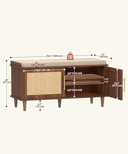 akxomel 39.4" rattan shoe storage bench 2 doors, close-up detail