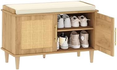 akxomel 31.5" rattan shoe storage bench 2 doors, front angle view