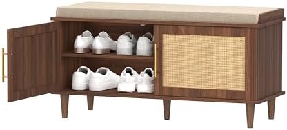 akxomel 39.4" rattan shoe storage bench 2 doors, front angle view