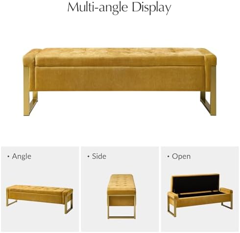modern storage ottoman bench with gold metal legs shown in use