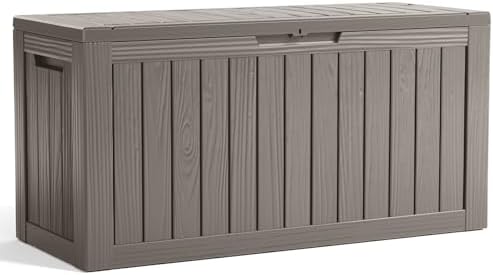 patiozen 90 gallon resin deck box, lockable patio on a desk or shelf