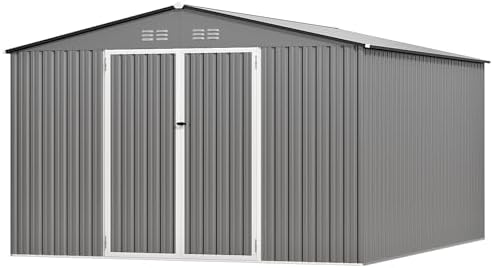 12 ft outdoor storage shed, heavy duty metal, front angle view