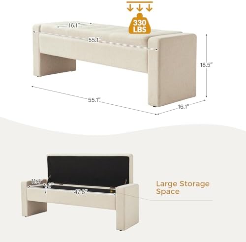 55" modern upholstered storage bench with tufted seat shown in use