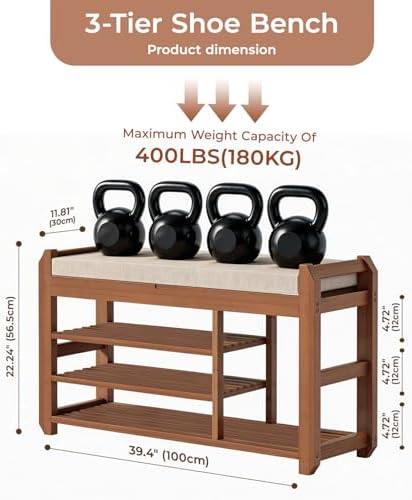39.4" entryway shoe rack bench with cushion, 3-tier shown in use