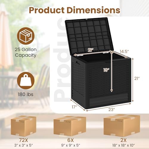 tangkula 25 gallon waterproof outdoor storage box with showing dimensions