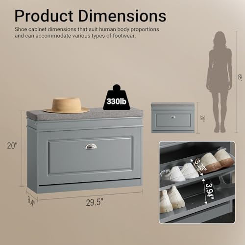 haotian shoe storage bench with cushion, grey narrow, close-up detail