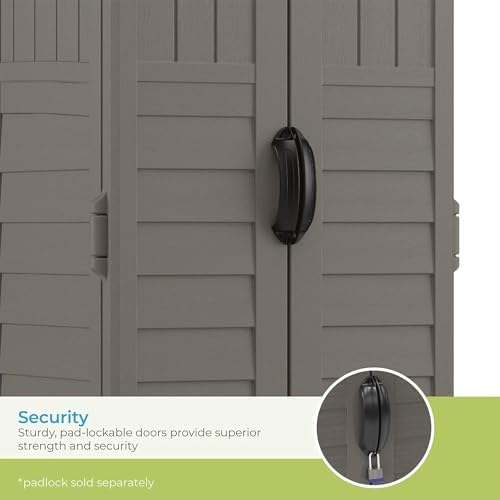suncast 22 cu ft, vertical storage shed, pad-lockable, front angle view