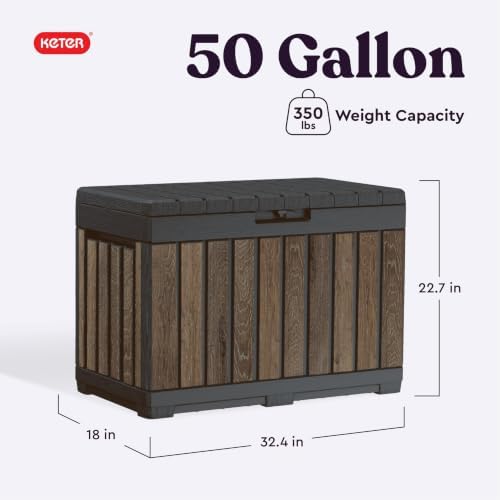 keter premium everwood 50 gal outdoor storage box shown in use